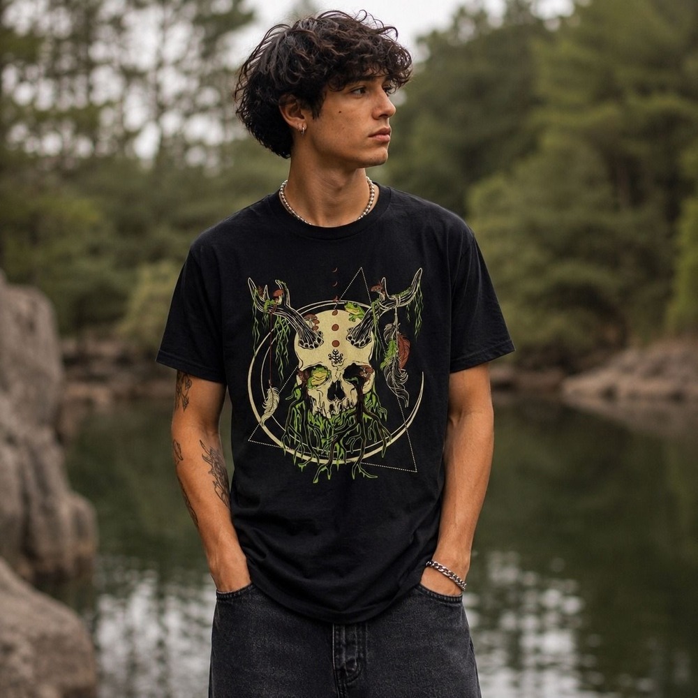 Threadless Wilderness Frog Skull Graphic T-Shirt Black Nature Goth Mens Large